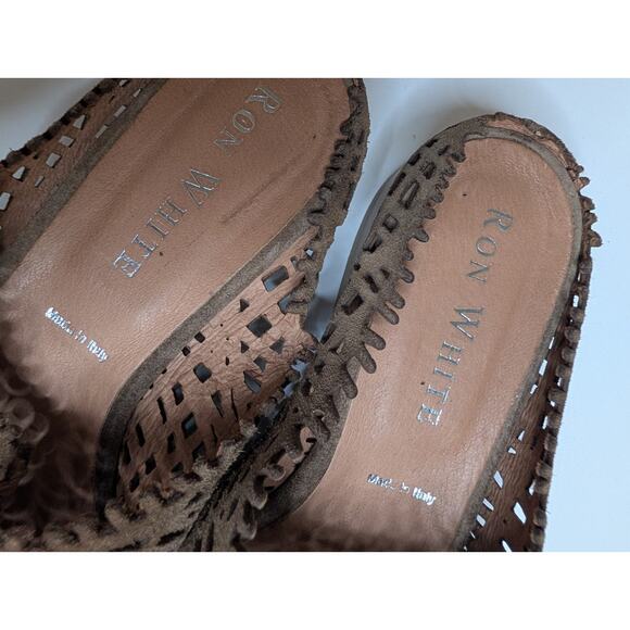 Ron White Brown Laser Cut Flat Cage Leather Mules Womens Size 37 (US 6.5/7) - Picture 3 of 6